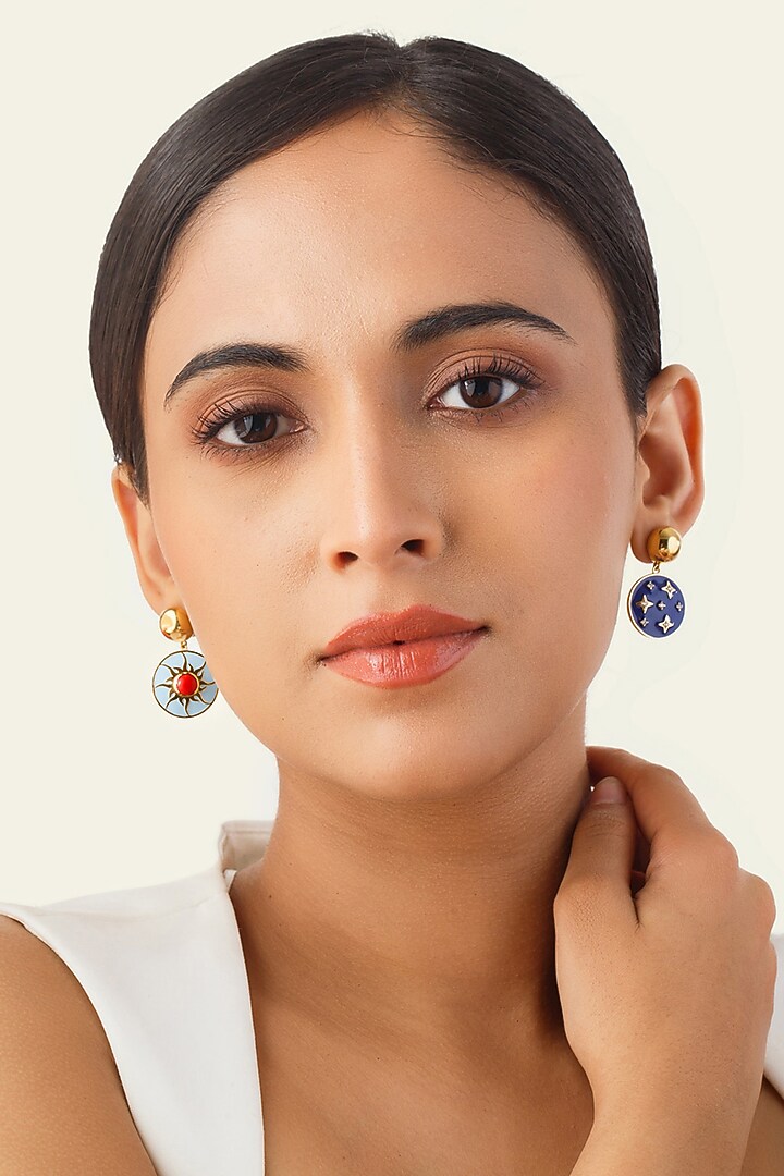Gold Plated Blue Synthetic Stone Reversible Sun & Star Dangler Earrings by Isharya at Pernia's Pop Up Shop