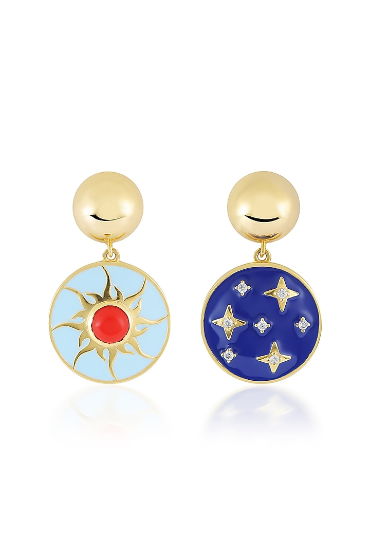 Gold Plated Blue Synthetic Stone Reversible Sun & Star Dangler Earrings by Isharya at Pernia's Pop Up Shop