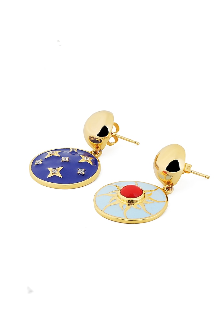 Gold Plated Blue Synthetic Stone Reversible Sun & Star Dangler Earrings by Isharya at Pernia's Pop Up Shop