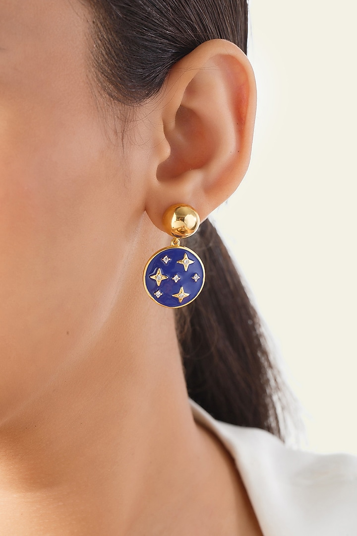 Gold Plated Blue Synthetic Stone Reversible Sun & Star Dangler Earrings by Isharya at Pernia's Pop Up Shop