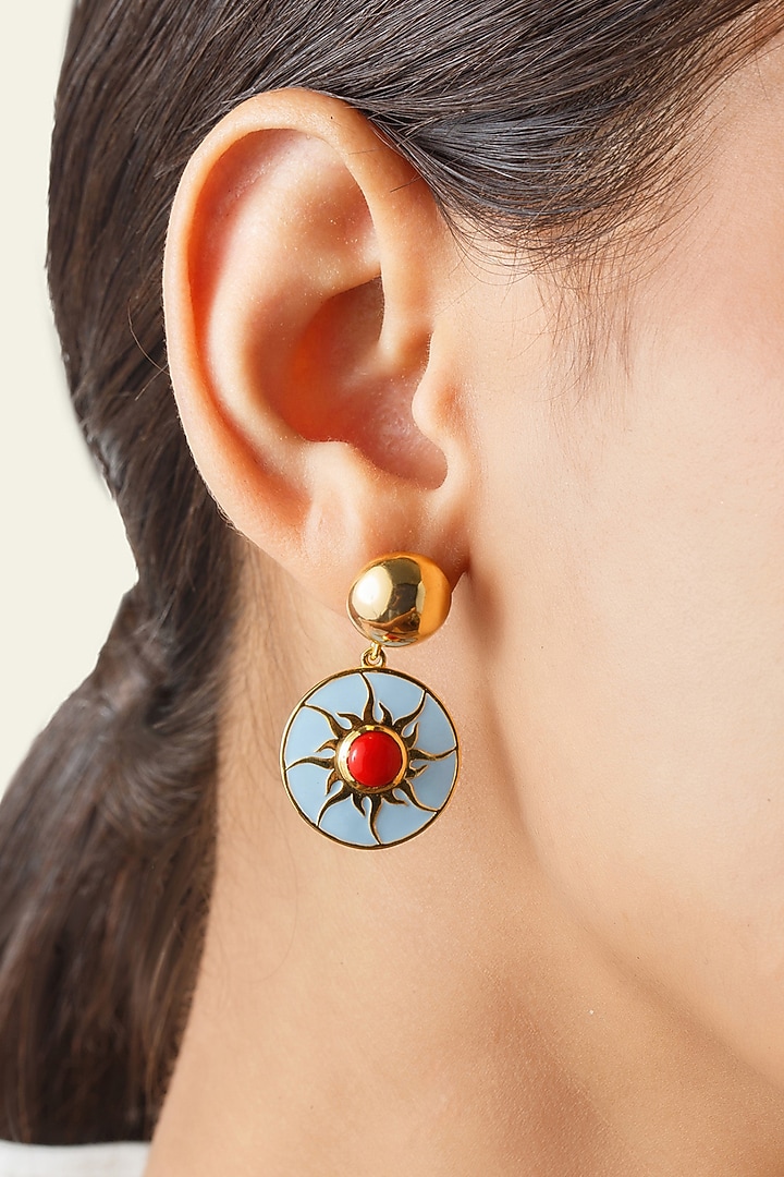 Gold Plated Blue Synthetic Stone Reversible Sun & Star Dangler Earrings by Isharya at Pernia's Pop Up Shop