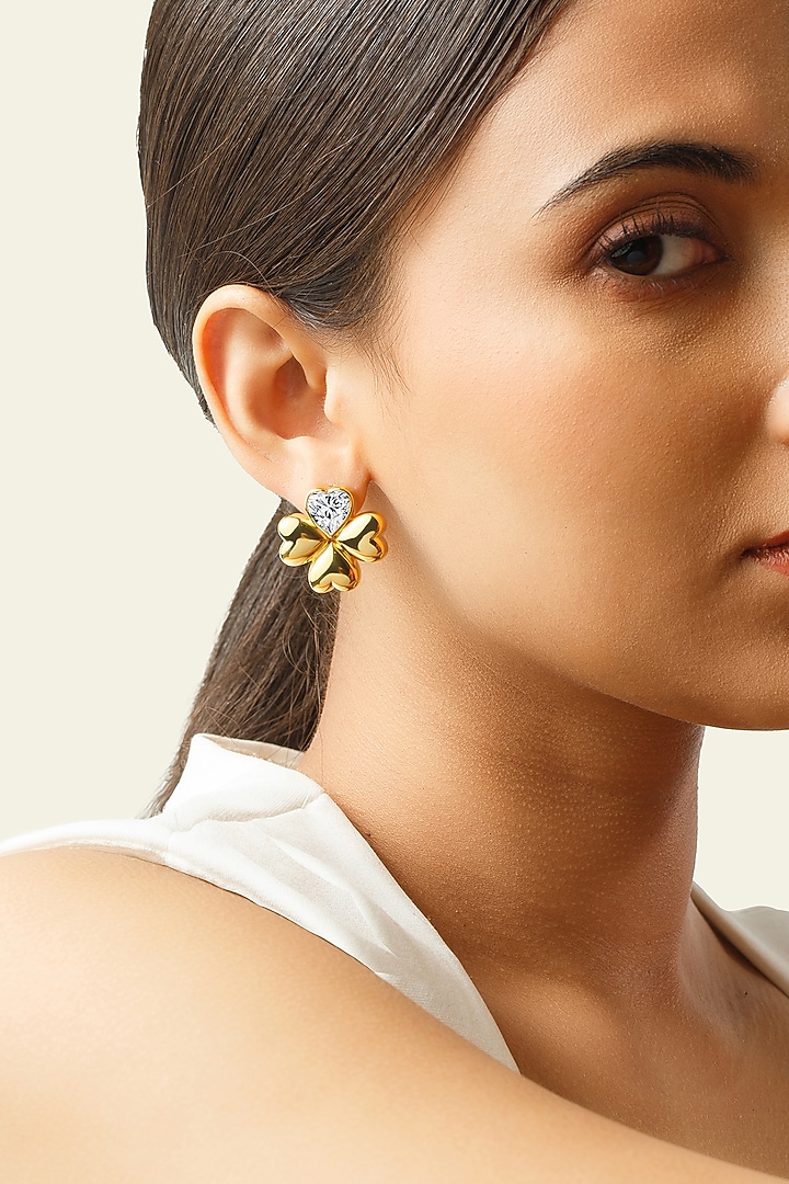 Gold Plated Synthetic Stone & CZ Clover Stud Earrings by Isharya at Pernia's Pop Up Shop