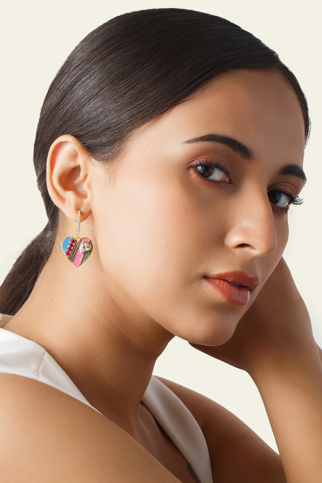 Gold Plated Multi-Colored Synthetic Stone & CZ Rainbow Heart Dangler Earrings by Isharya at Pernia's Pop Up Shop