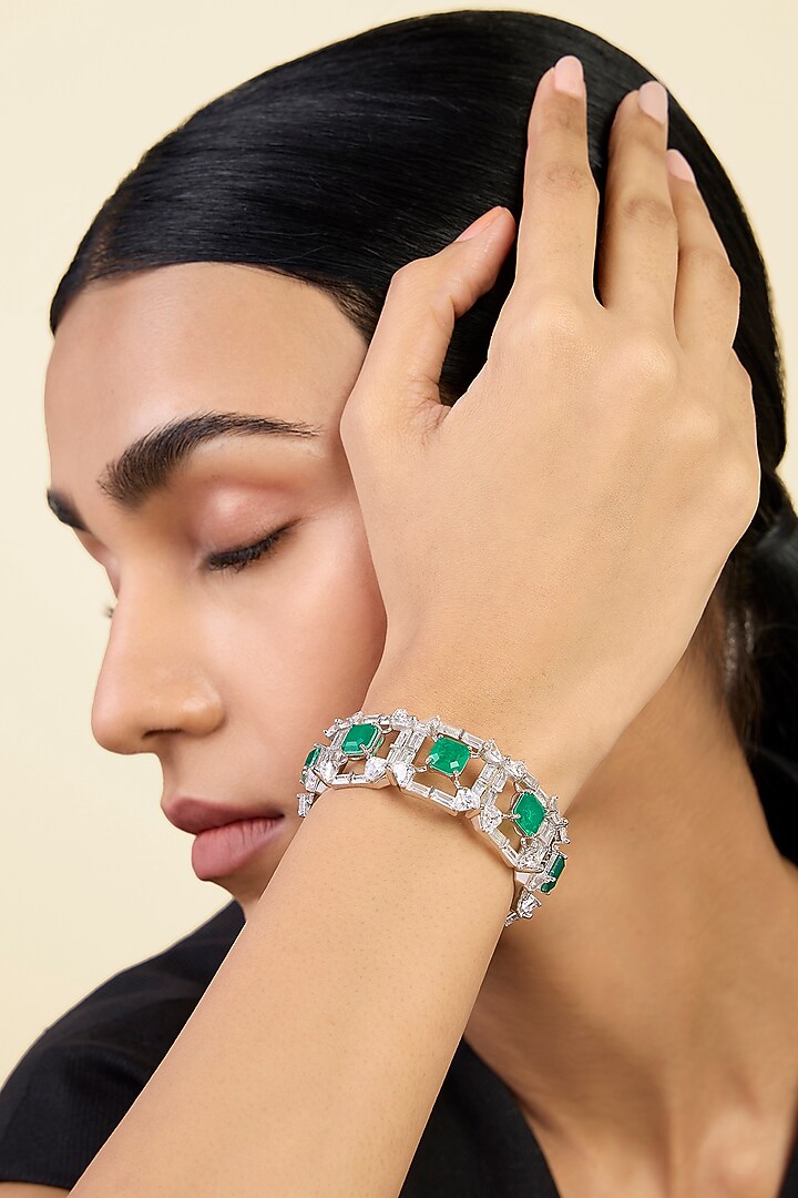 White Rhodium Finish CZ & Doublet Green Stone Halo Cuff by Isharya at Pernia's Pop Up Shop