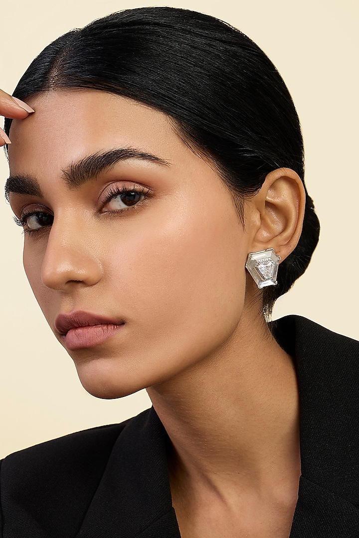 White Rhodium Finish CZ Stone Statement Earrings by Isharya at Pernia's Pop Up Shop