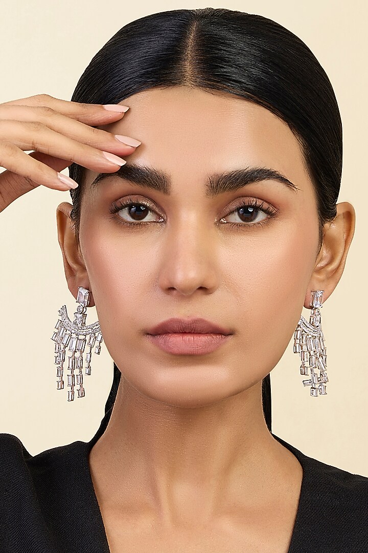 White Rhodium Finish Custom-Cut CZ Stone Dangler Earrings by Isharya at Pernia's Pop Up Shop
