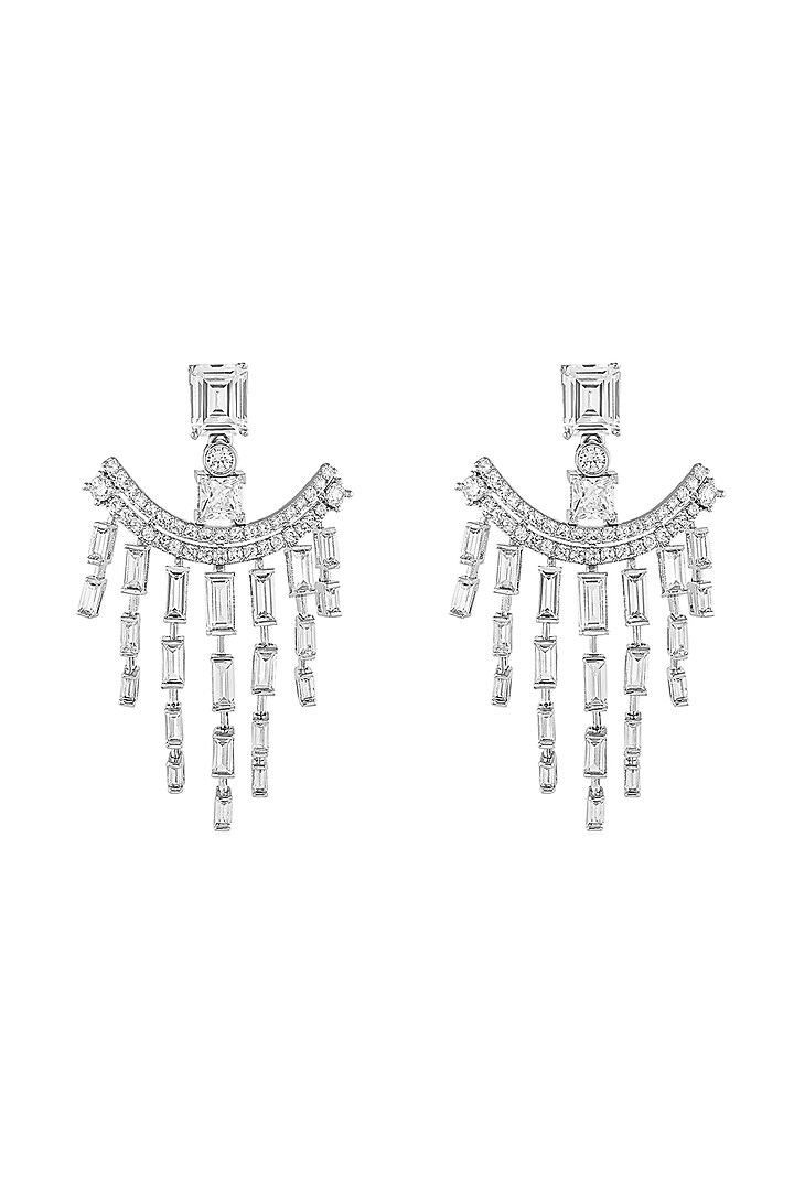 White Rhodium Finish Custom-Cut CZ Stone Dangler Earrings by Isharya at Pernia's Pop Up Shop