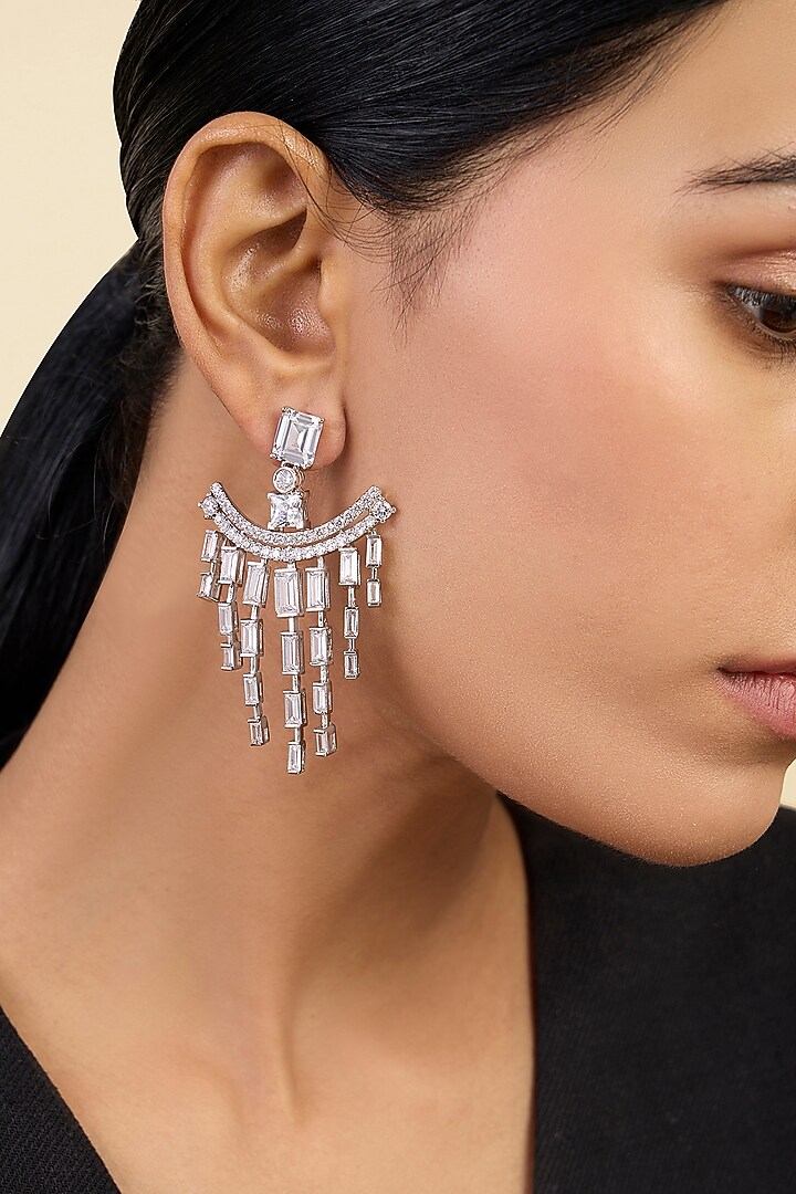 White Rhodium Finish Custom-Cut CZ Stone Dangler Earrings by Isharya at Pernia's Pop Up Shop