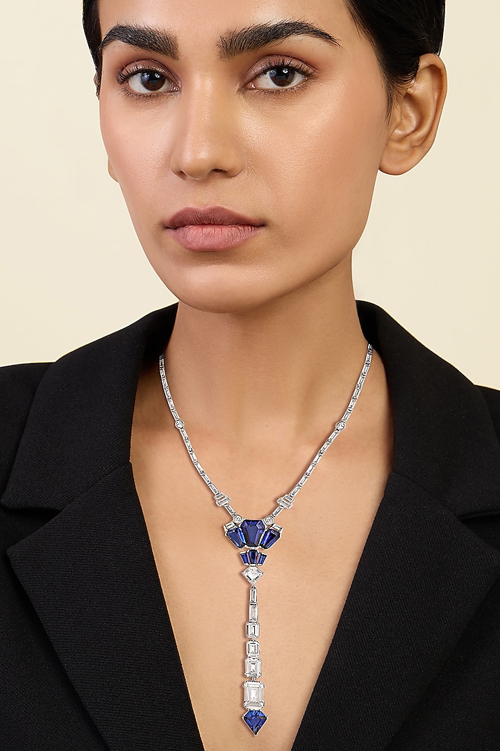 White Rhodium Finish CZ & Blue Corundum Stone Necklace by Isharya at Pernia's Pop Up Shop