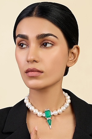 White Rhodium Finish Pearl & Doublet Dark Emerald Necklace by Isharya