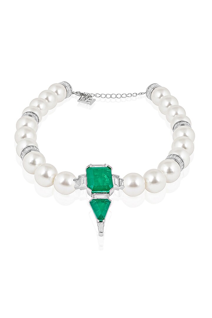 White Rhodium Finish Pearl & Doublet Dark Emerald Necklace by Isharya at Pernia's Pop Up Shop
