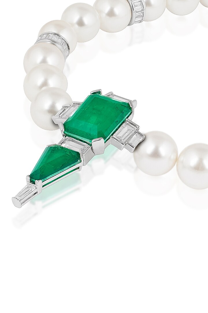 White Rhodium Finish Pearl & Doublet Dark Emerald Necklace by Isharya at Pernia's Pop Up Shop