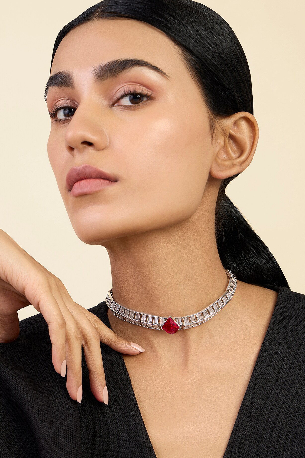 White Rhodium Finish CZ Ruby Corundum Stone Choker Necklace by