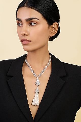 White Rhodium Finish CZ Stone & Pearl Tassel Long Necklace by Isharya