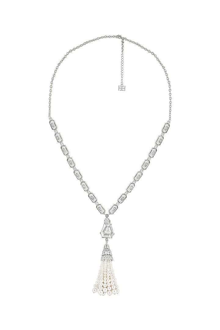 White Rhodium Finish CZ Stone & Pearl Tassel Long Necklace by Isharya at Pernia's Pop Up Shop