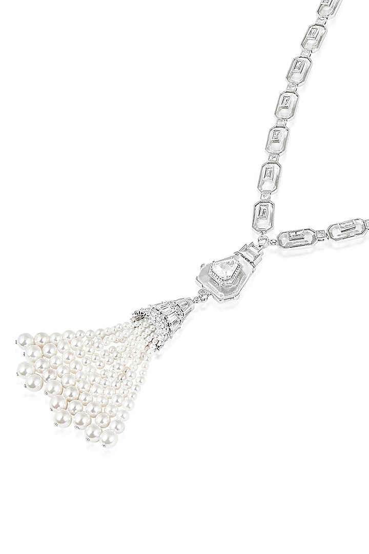 White Rhodium Finish CZ Stone & Pearl Tassel Long Necklace by Isharya at Pernia's Pop Up Shop