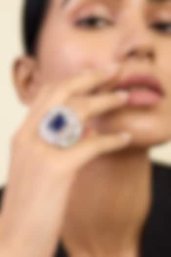 White Rhodium Finish CZ & Blue Corundum Stone Ring by Isharya at Pernia's Pop Up Shop