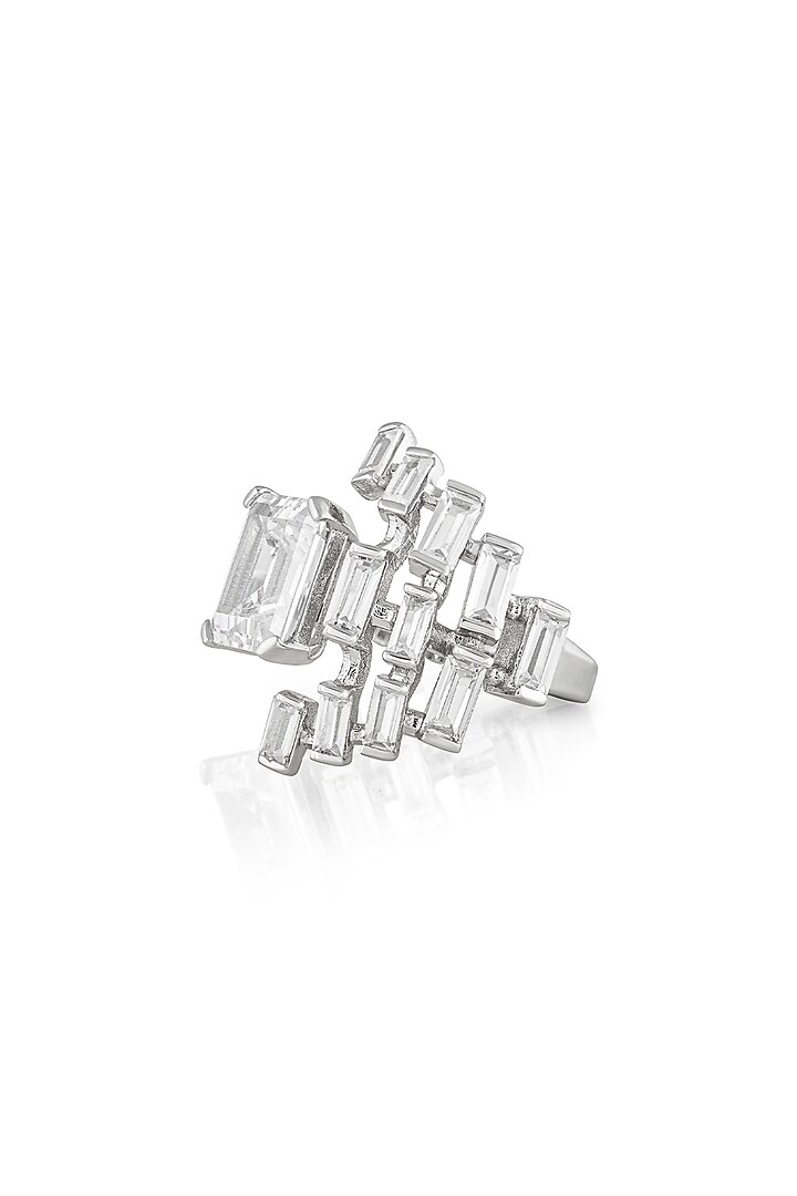 White Rhodium Finish Custom-Cut CZ Stone Ring by Isharya at Pernia's Pop Up Shop