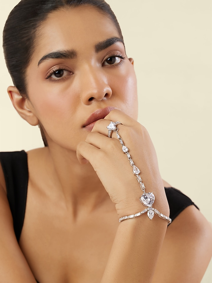 White Rhodium Finish Crystal Zircon Heart Bolo Bracelet by Isharya at Pernia's Pop Up Shop