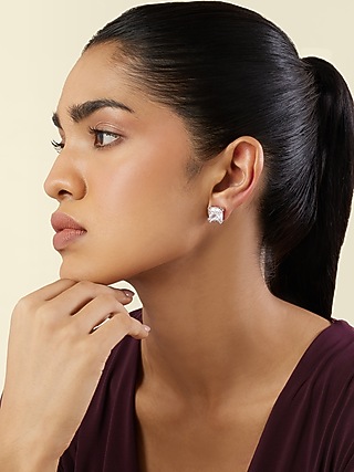 White Rhodium Finish Crystal Zircon Square Stud Earrings by Isharya