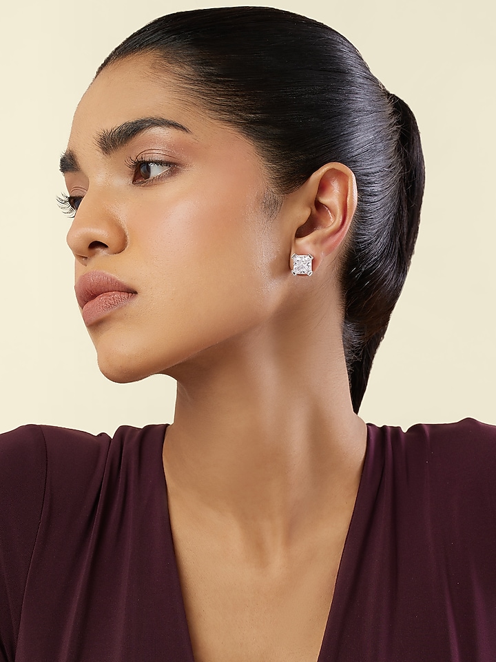 White Rhodium Finish Crystal Zircon Square Stud Earrings by Isharya at Pernia's Pop Up Shop