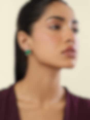 White Rhodium Finish Crystal Zircon & Emerald Green Doublet Stone Square Stud Earrings by Isharya at Pernia's Pop Up Shop