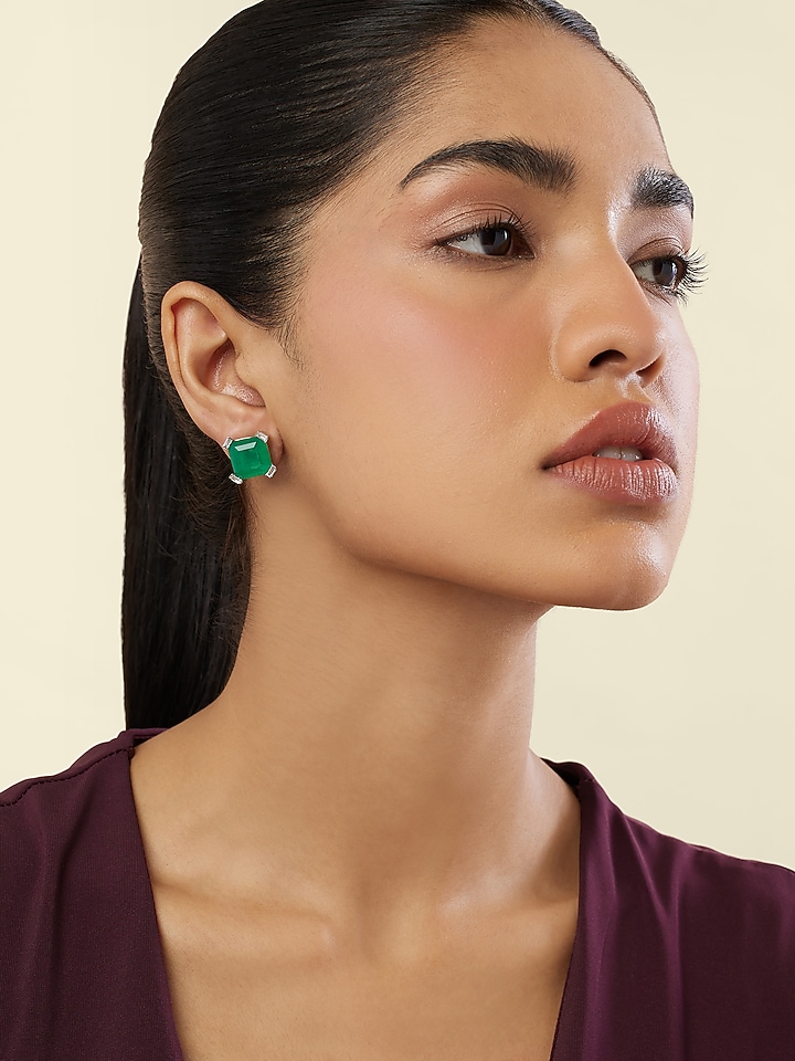 White Rhodium Finish Crystal Zircon & Emerald Green Doublet Stone Square Stud Earrings by Isharya at Pernia's Pop Up Shop
