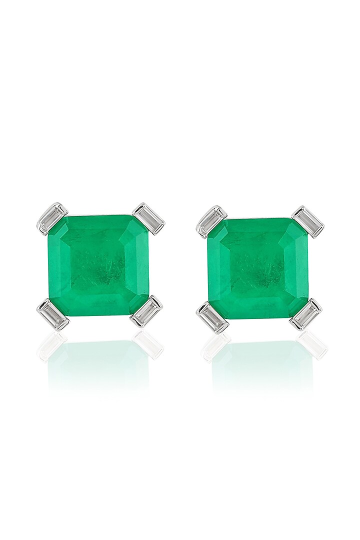 White Rhodium Finish Crystal Zircon & Emerald Green Doublet Stone Square Stud Earrings by Isharya at Pernia's Pop Up Shop