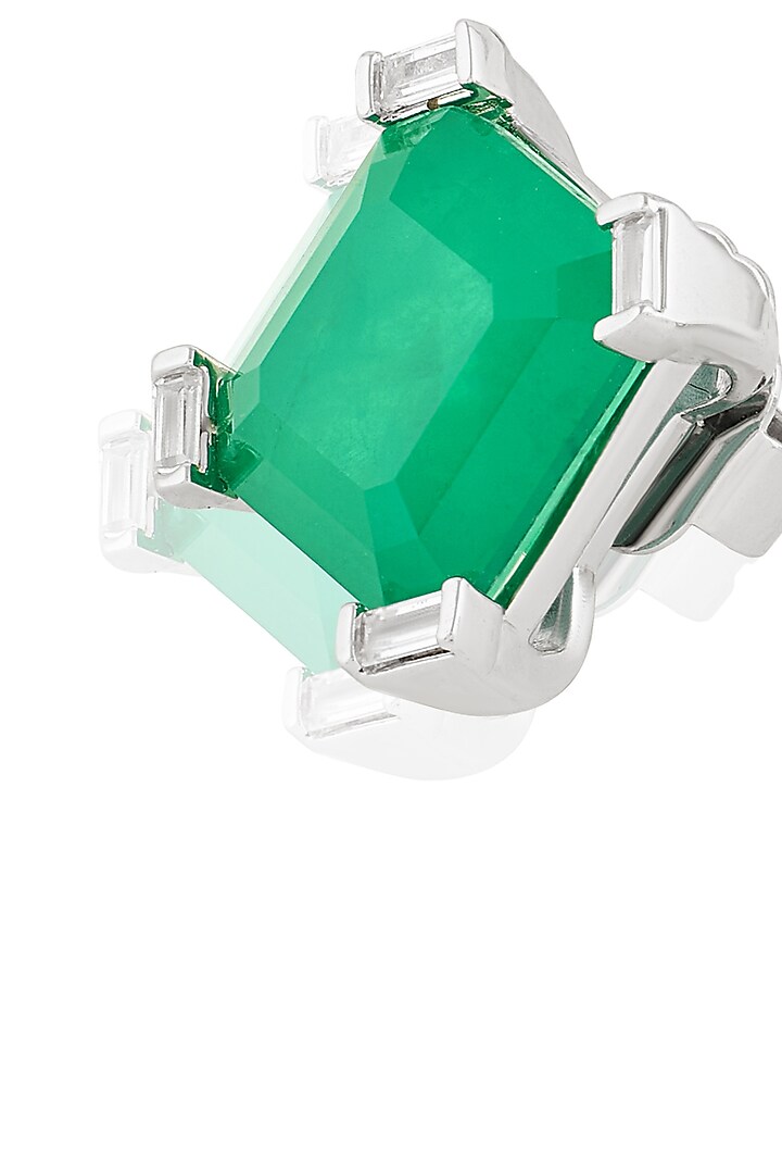 White Rhodium Finish Crystal Zircon & Emerald Green Doublet Stone Square Stud Earrings by Isharya at Pernia's Pop Up Shop