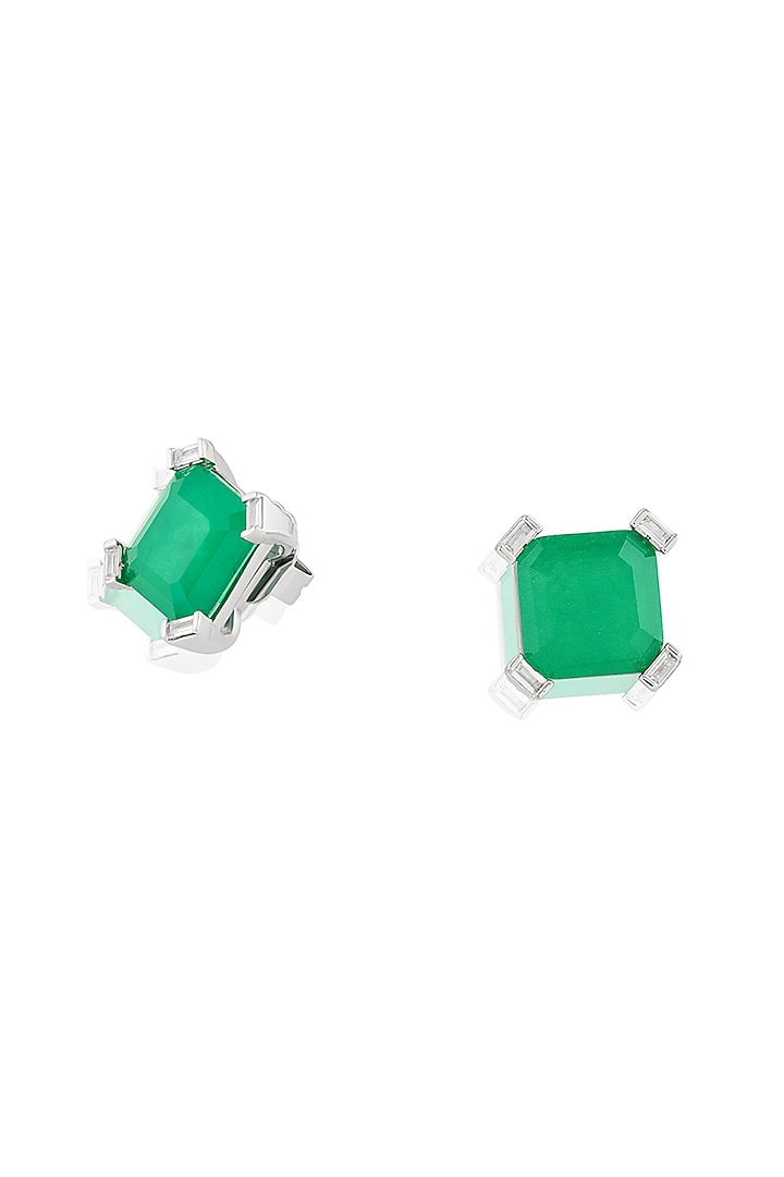 White Rhodium Finish Crystal Zircon & Emerald Green Doublet Stone Square Stud Earrings by Isharya at Pernia's Pop Up Shop