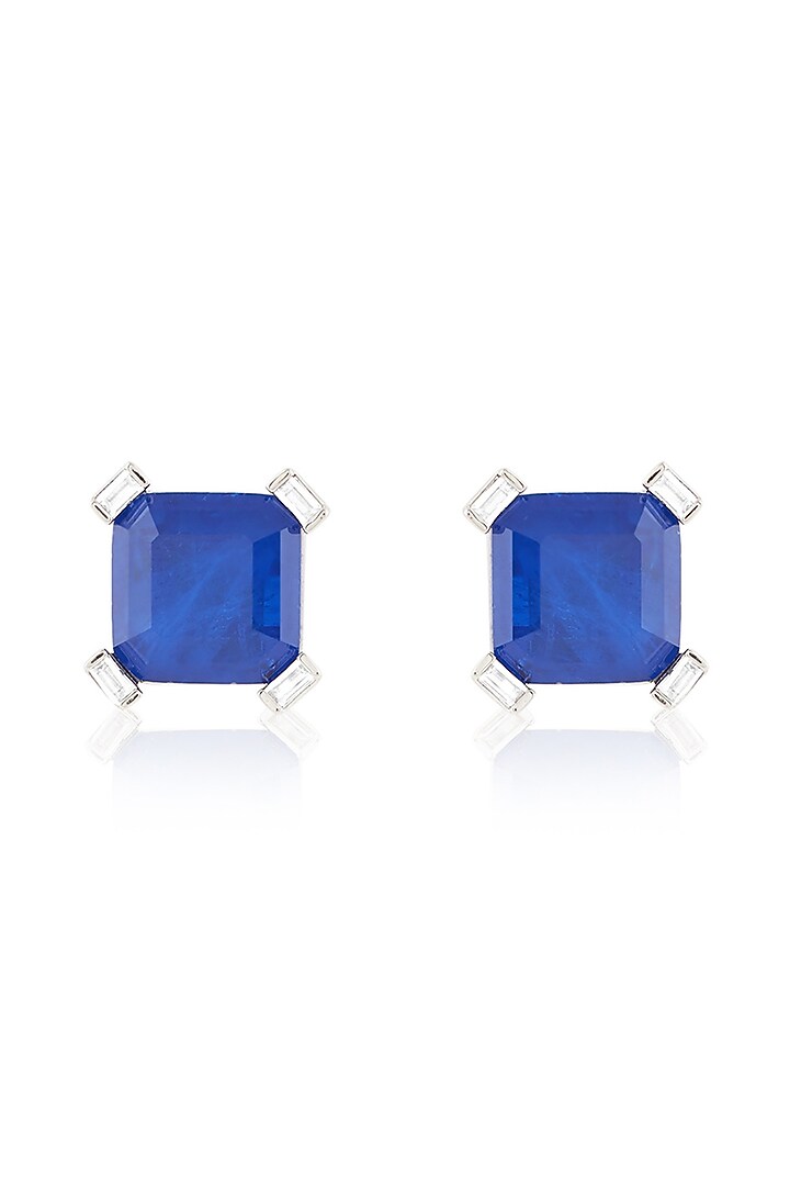 White Rhodium Finish Crystal Zircon & Sapphire Doublet Stone Square Stud Earrings by Isharya at Pernia's Pop Up Shop