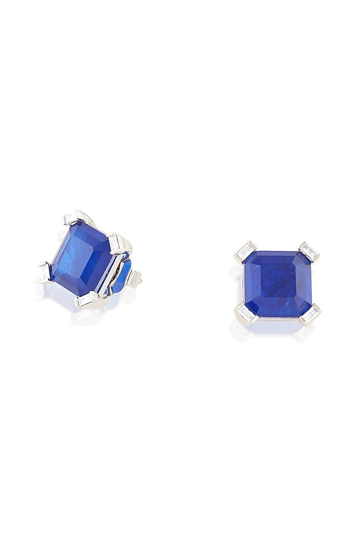 White Rhodium Finish Crystal Zircon & Sapphire Doublet Stone Square Stud Earrings by Isharya at Pernia's Pop Up Shop