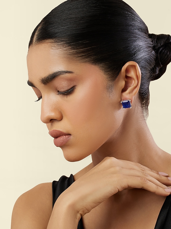 White Rhodium Finish Crystal Zircon & Sapphire Doublet Stone Square Stud Earrings by Isharya at Pernia's Pop Up Shop