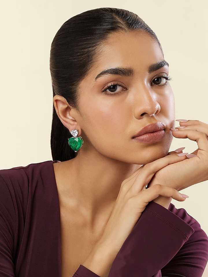 White Rhodium Finish Crystal Zircon & Emerald Green Doublet Stone Heart Stud Earrings by Isharya at Pernia's Pop Up Shop