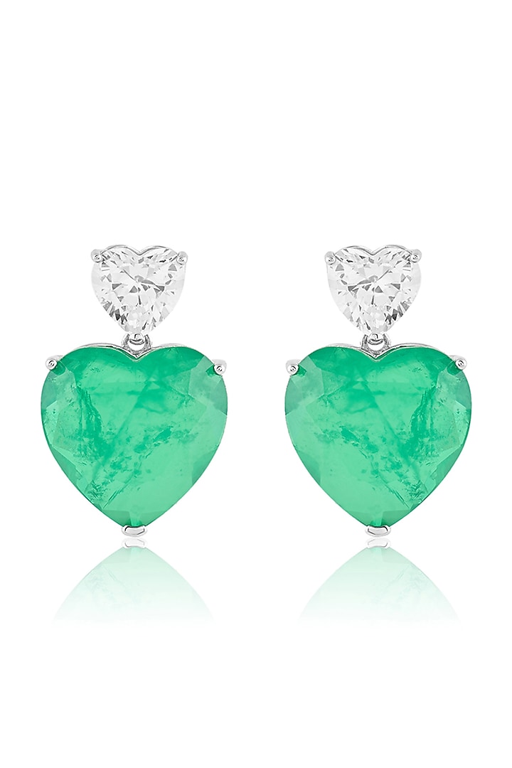 White Rhodium Finish Crystal Zircon & Emerald Green Doublet Stone Heart Stud Earrings by Isharya at Pernia's Pop Up Shop