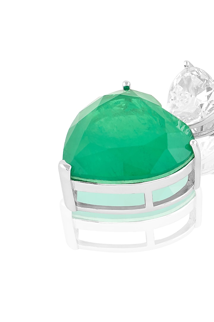 White Rhodium Finish Crystal Zircon & Emerald Green Doublet Stone Heart Stud Earrings by Isharya at Pernia's Pop Up Shop