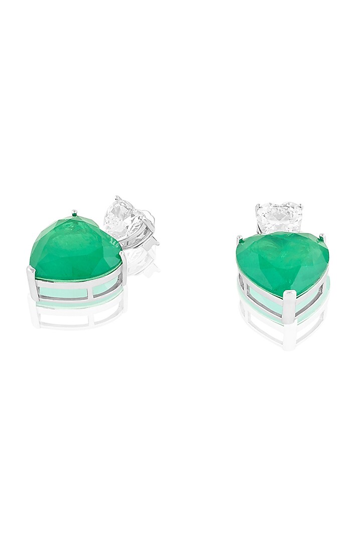 White Rhodium Finish Crystal Zircon & Emerald Green Doublet Stone Heart Stud Earrings by Isharya at Pernia's Pop Up Shop