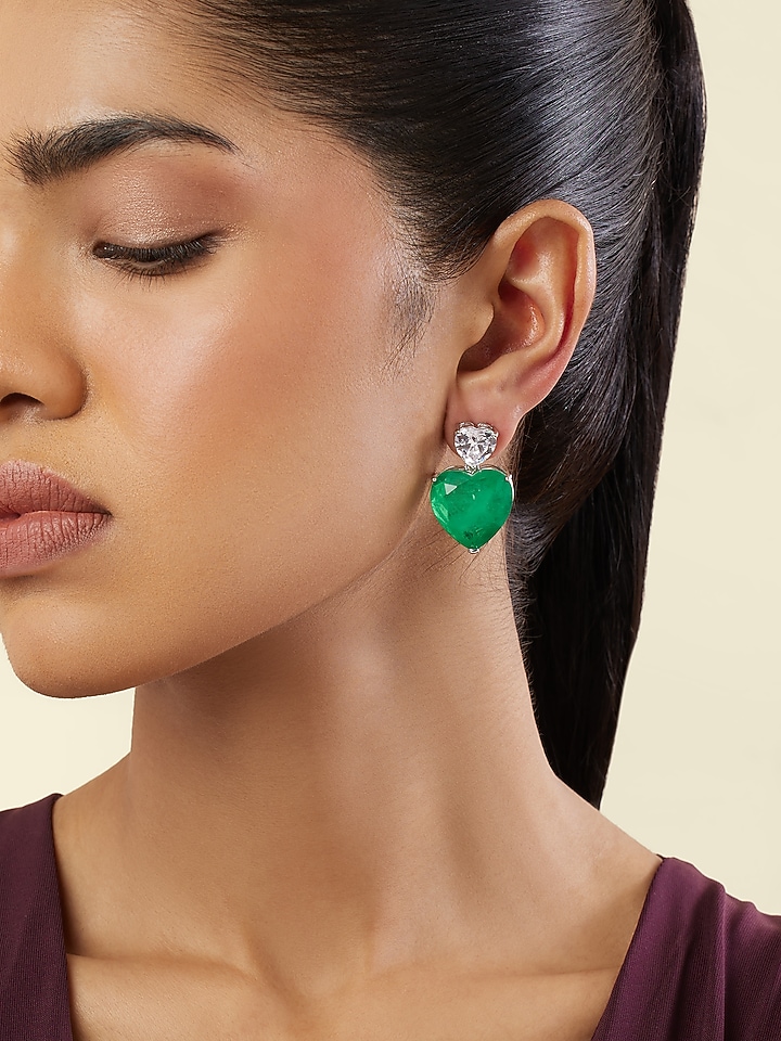 White Rhodium Finish Crystal Zircon & Emerald Green Doublet Stone Heart Stud Earrings by Isharya at Pernia's Pop Up Shop