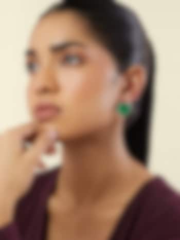 White Rhodium Finish Crystal Zircon & Emerald Green Doublet Stone Heart Stud Earrings by Isharya at Pernia's Pop Up Shop