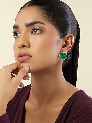 White Rhodium Finish Crystal Zircon & Emerald Green Doublet Stone Heart Stud Earrings by Isharya