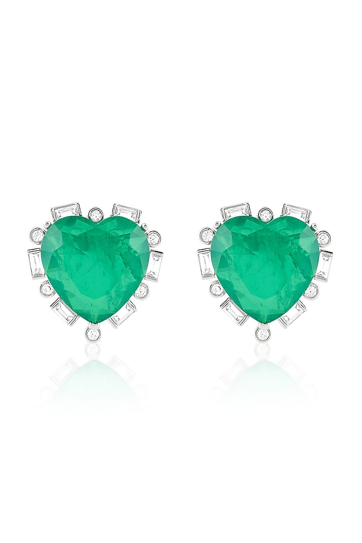 White Rhodium Finish Crystal Zircon & Emerald Green Doublet Stone Heart Stud Earrings by Isharya at Pernia's Pop Up Shop