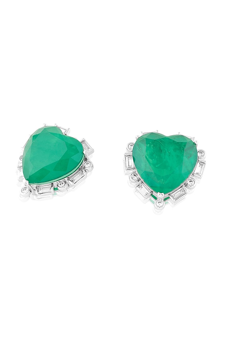 White Rhodium Finish Crystal Zircon & Emerald Green Doublet Stone Heart Stud Earrings by Isharya at Pernia's Pop Up Shop
