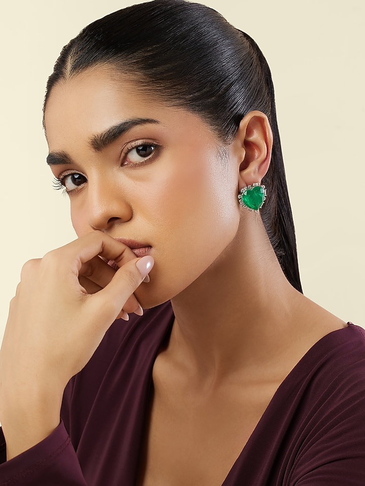 White Rhodium Finish Crystal Zircon & Emerald Green Doublet Stone Heart Stud Earrings by Isharya at Pernia's Pop Up Shop