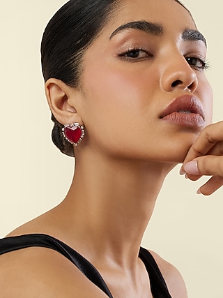 White Rhodium Finish Crystal Zircon & Ruby Doublet Stone Heart Stud Earrings by Isharya