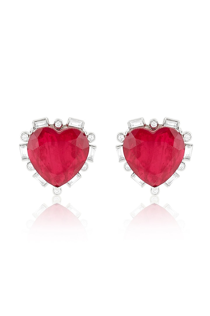 White Rhodium Finish Crystal Zircon & Ruby Doublet Stone Heart Stud Earrings by Isharya at Pernia's Pop Up Shop