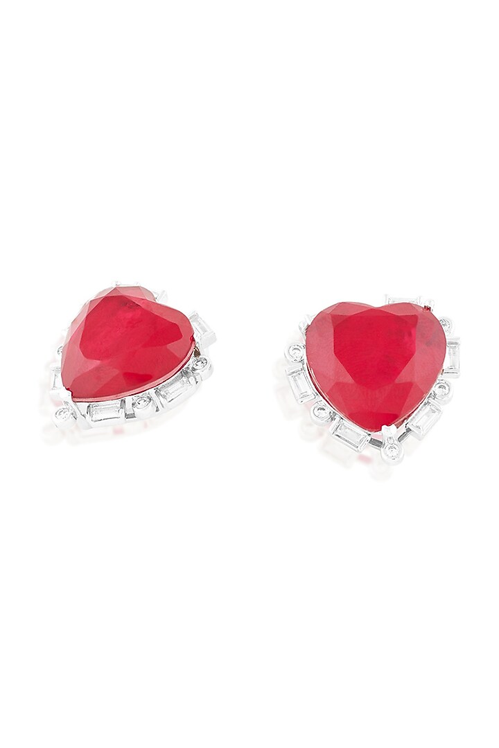 White Rhodium Finish Crystal Zircon & Ruby Doublet Stone Heart Stud Earrings by Isharya at Pernia's Pop Up Shop