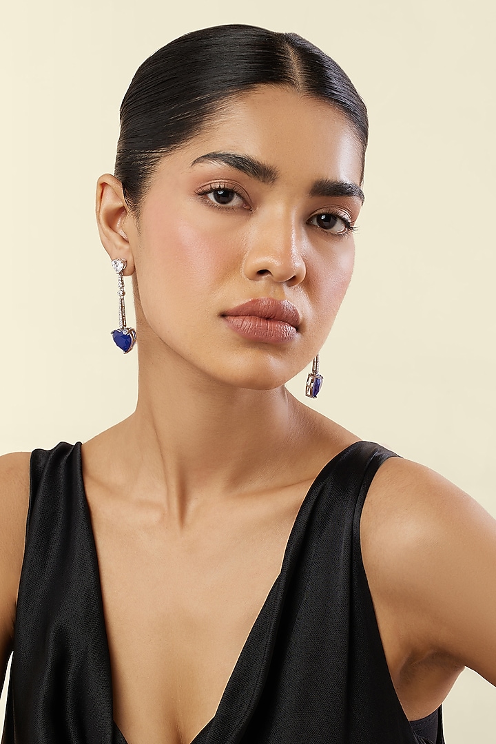 White Rhodium Finish Crystal Zircon & Sapphire Doublet Stone Heart Dangler Earrings by Isharya at Pernia's Pop Up Shop