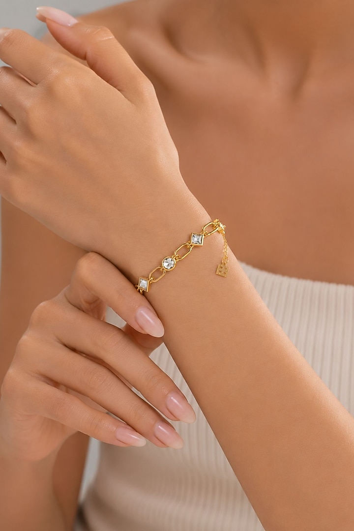 Micron Gold Finish Hand-Cut Polki Mirror Chain Link Bracelet by Isharya at Pernia's Pop Up Shop