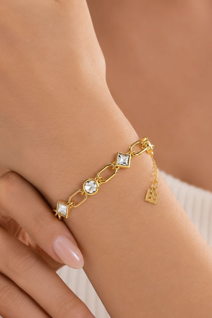 Micron Gold Finish Hand-Cut Polki Mirror Chain Link Bracelet by Isharya at Pernia's Pop Up Shop