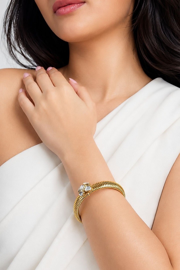 Micron Gold Finish Hand-Cut Polki Mirror Bracelet by Isharya at Pernia's Pop Up Shop